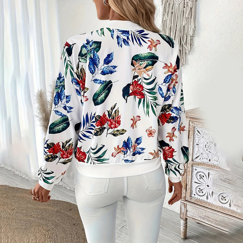 Women's Casual Zip-Up Jacket With All-Over Botanical Print
