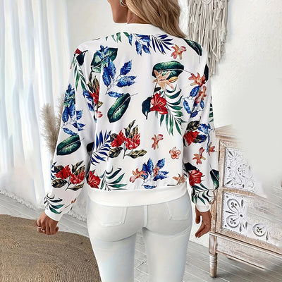 Women's Casual Zip-Up Jacket With All-Over Botanical Print