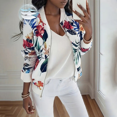Women's Casual Zip-Up Jacket With All-Over Botanical Print