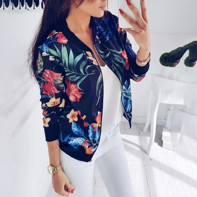 Women's Casual Zip-Up Jacket With All-Over Botanical Print