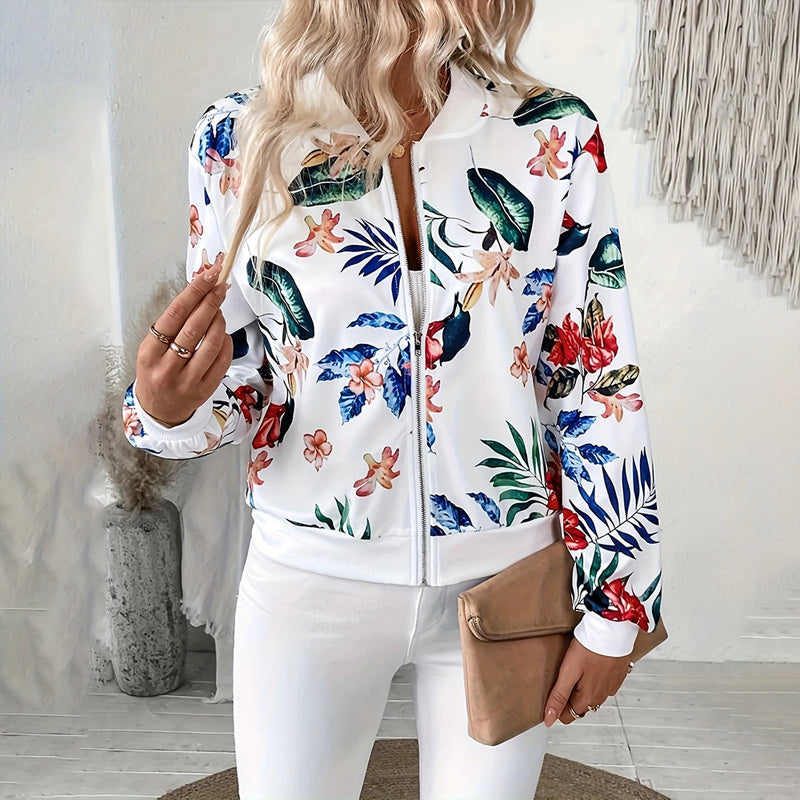 Women's Casual Zip-Up Jacket With All-Over Botanical Print