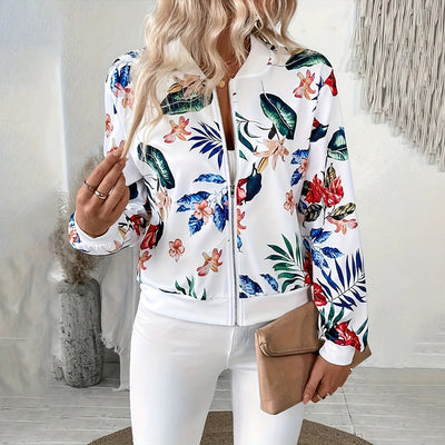 Women's Casual Zip-Up Jacket With All-Over Botanical Print