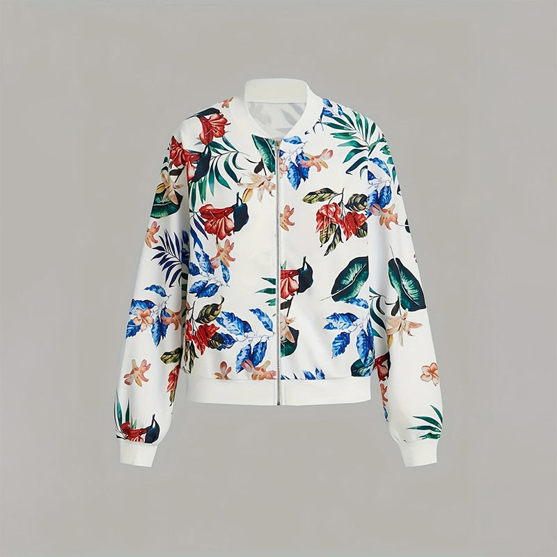 Women's Casual Zip-Up Jacket With All-Over Botanical Print