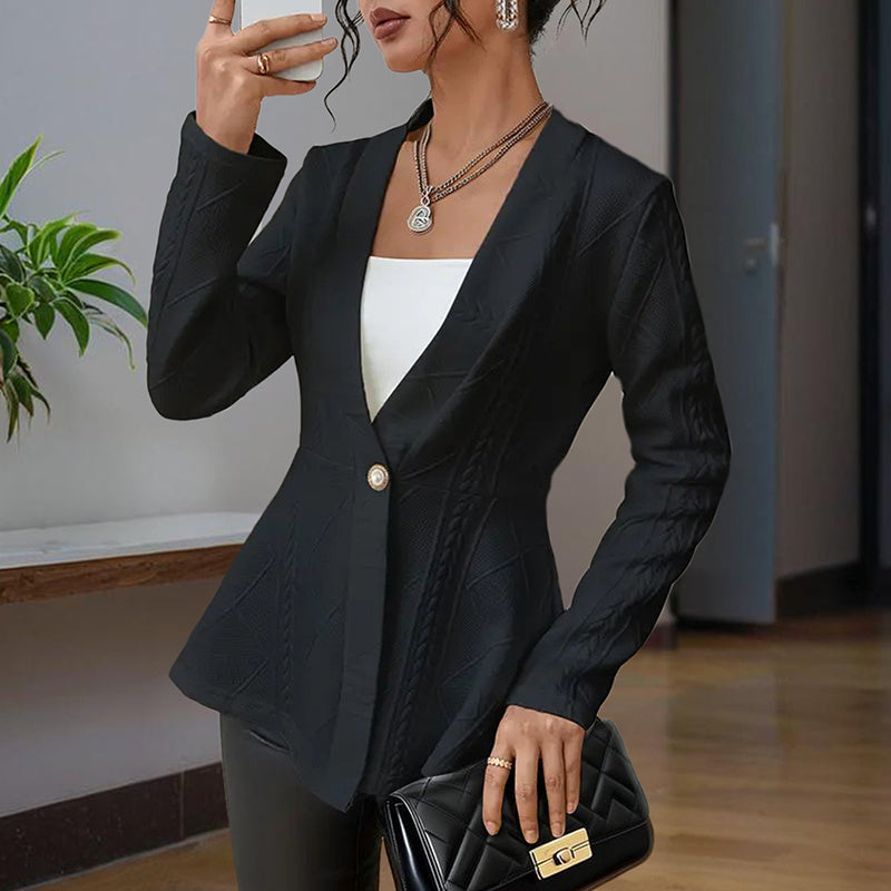 Women's Elegant V-Neck Long Sleeve Textured Beaded Button - Casual Spring & Fall Jacket